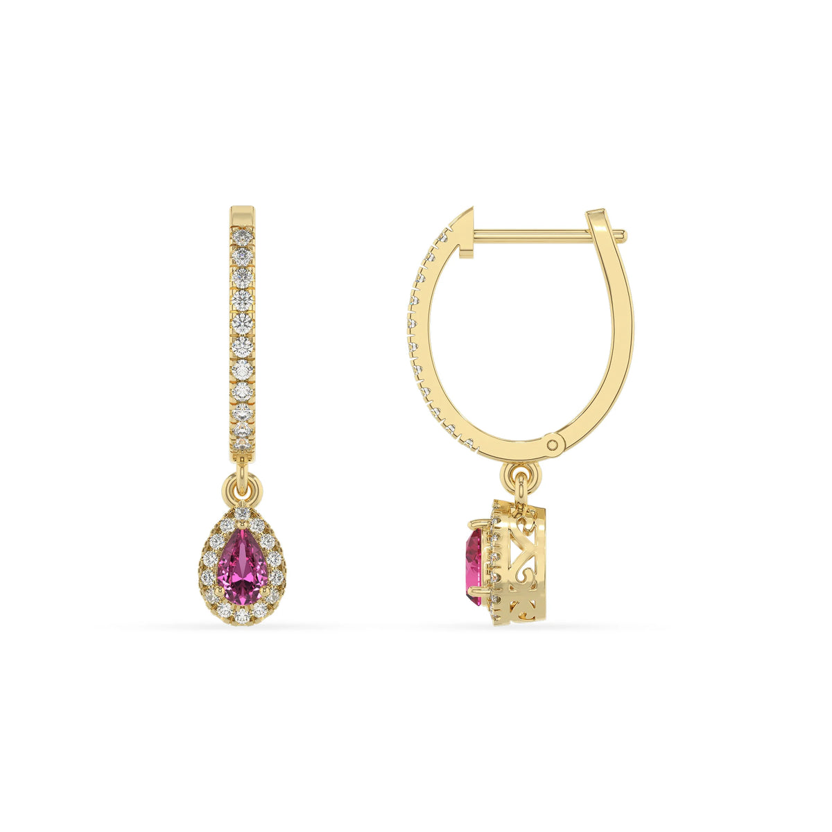 lab grown pink sapphire pear drop earrings in yellow gold 