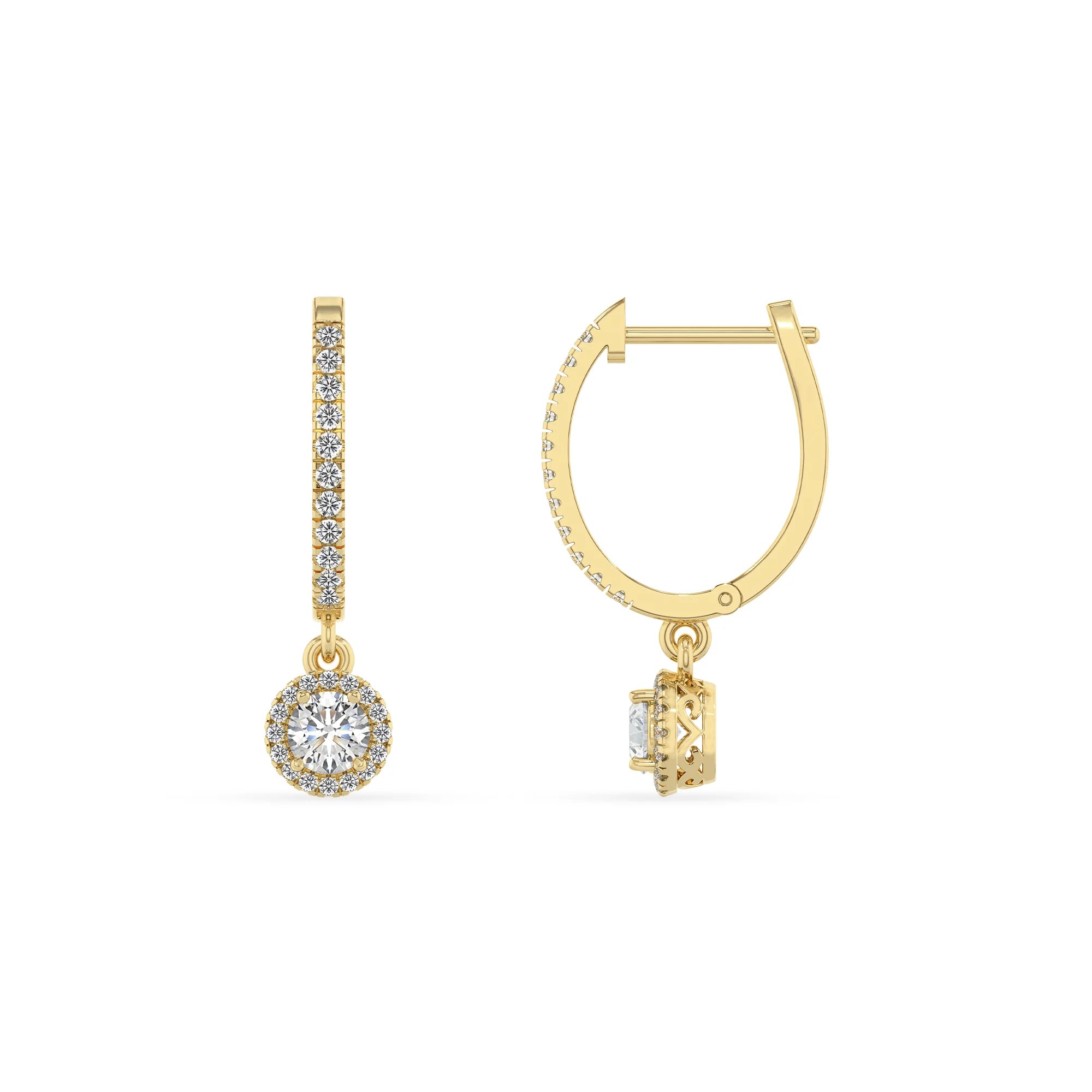 lab grown moissanite round drop earrings in yellow gold 
