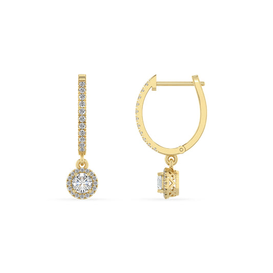 lab grown moissanite round drop earrings in yellow gold 
