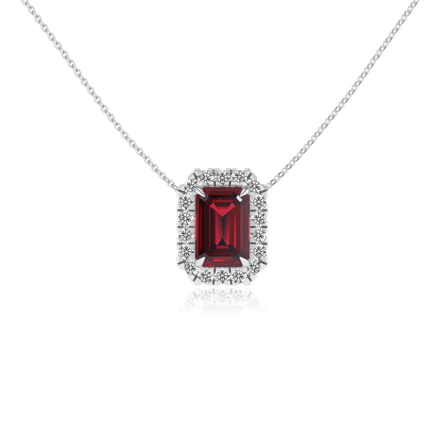 lab grown ruby emerald cut solitaire necklaces in platinum 