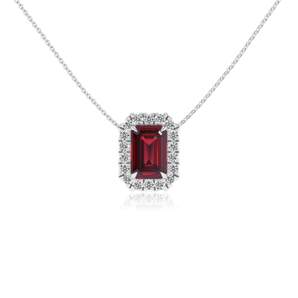 lab grown ruby emerald cut solitaire necklaces in platinum 