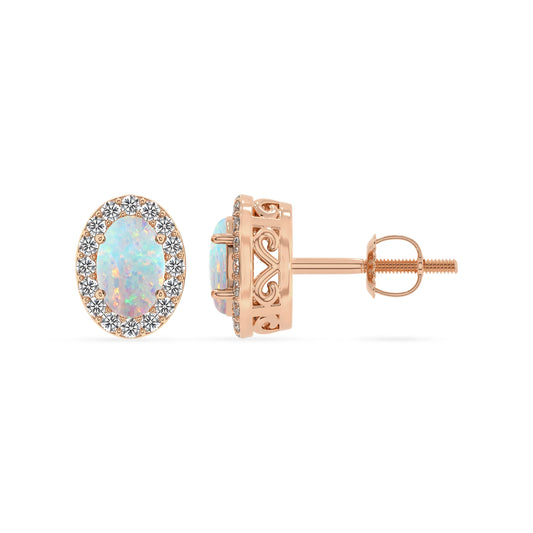 lab grown opal oval stud earrings in rose gold 