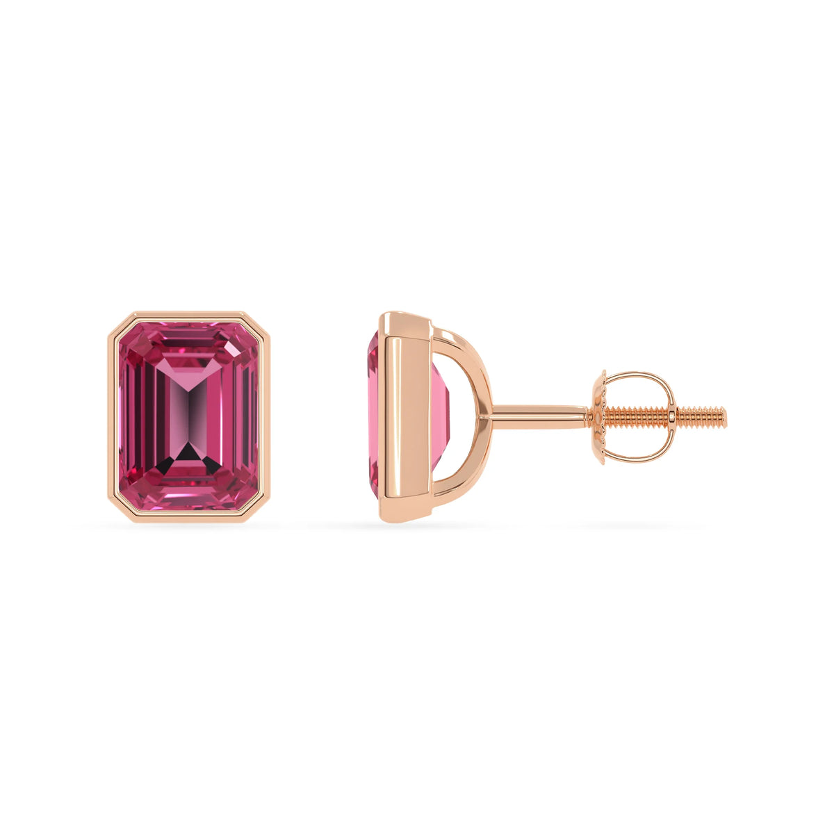 Lab Grown Pink Tourmaline Emerald-Cut Solitaire Stud Earrings