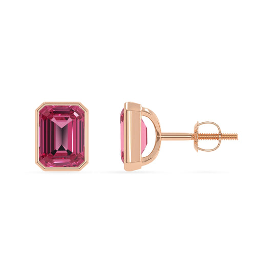 Lab Grown Pink Tourmaline Emerald-Cut Solitaire Stud Earrings