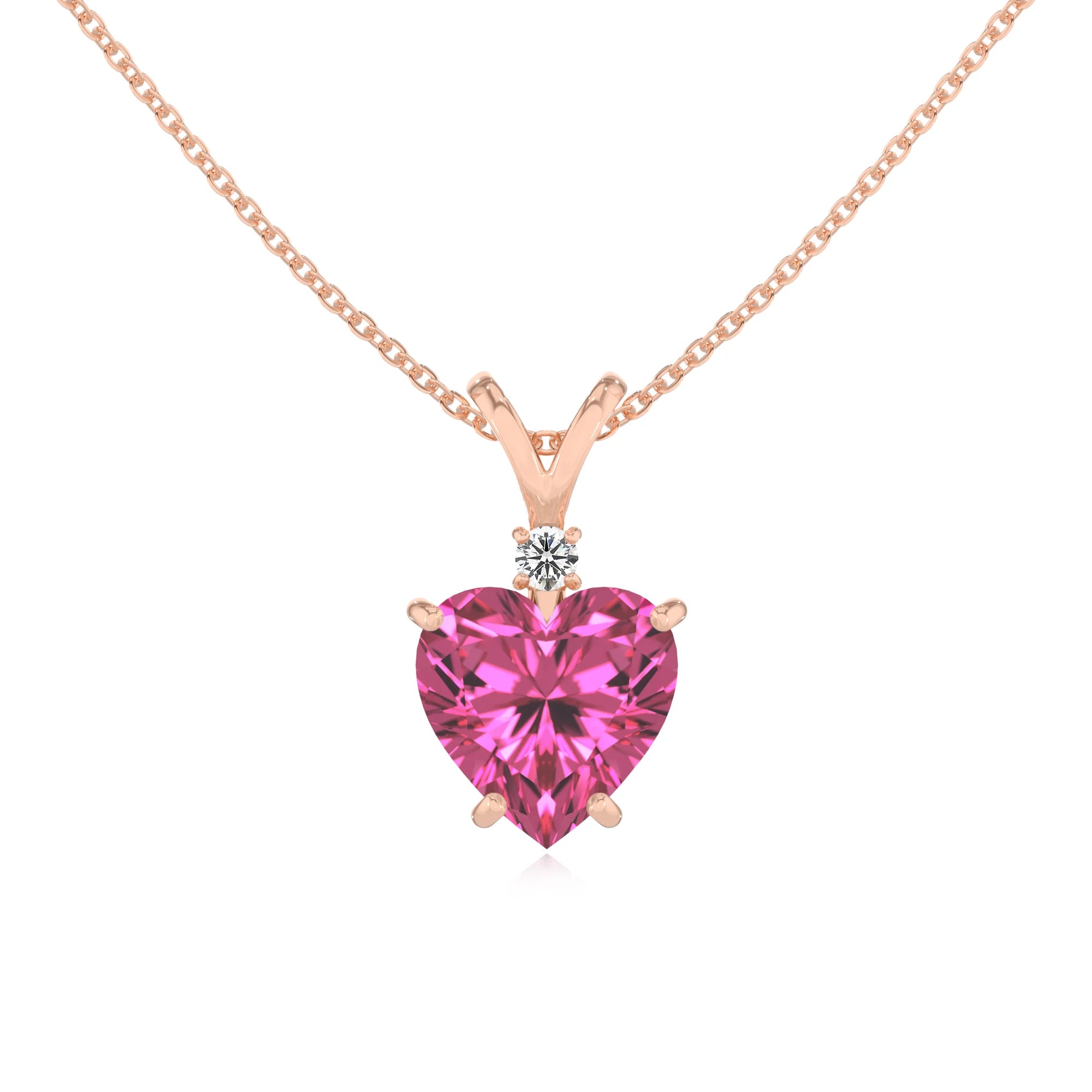 lab grown pink-sapphire heart solitaire v-bale necklaces in rose gold 