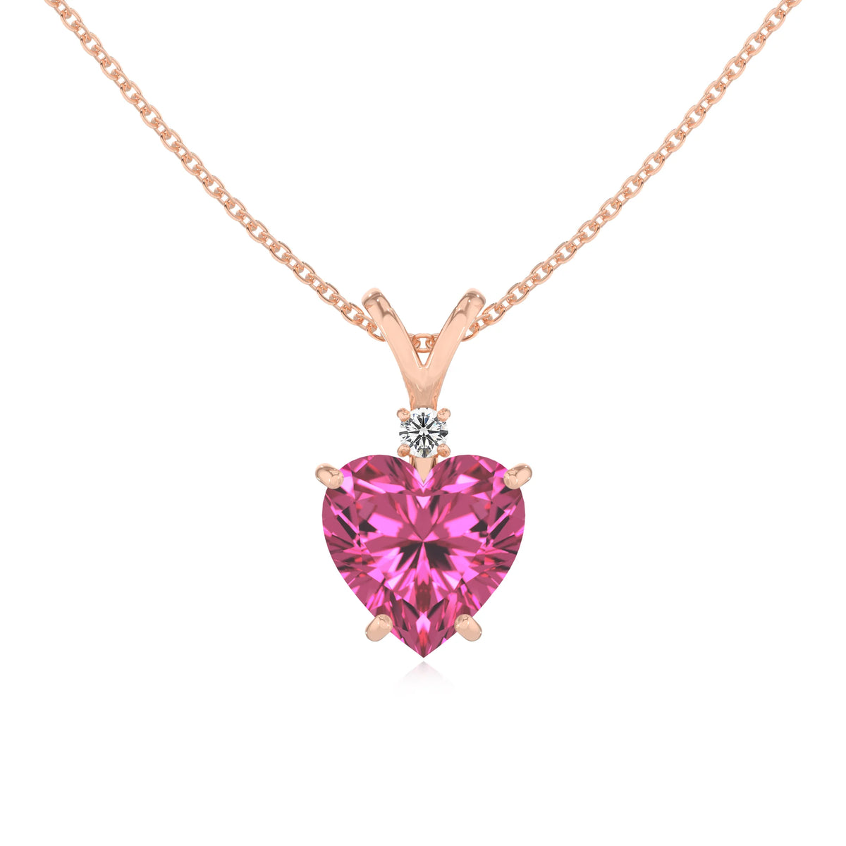lab grown pink-sapphire heart solitaire v-bale necklaces in rose gold 