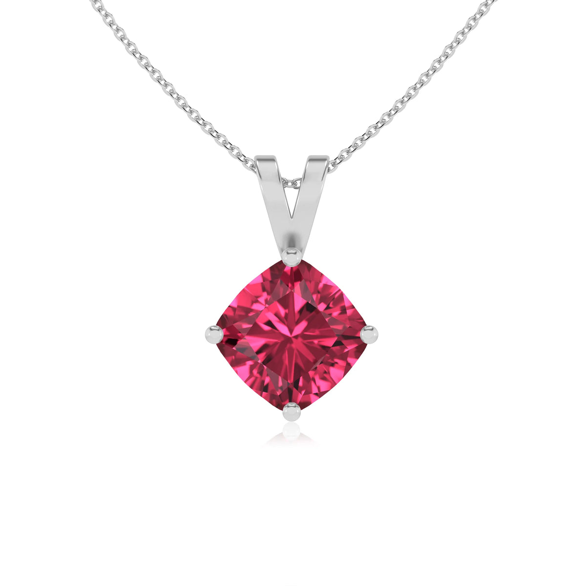 lab grown pink-tourmaline cushion solitaire v-bale necklaces in white gold 