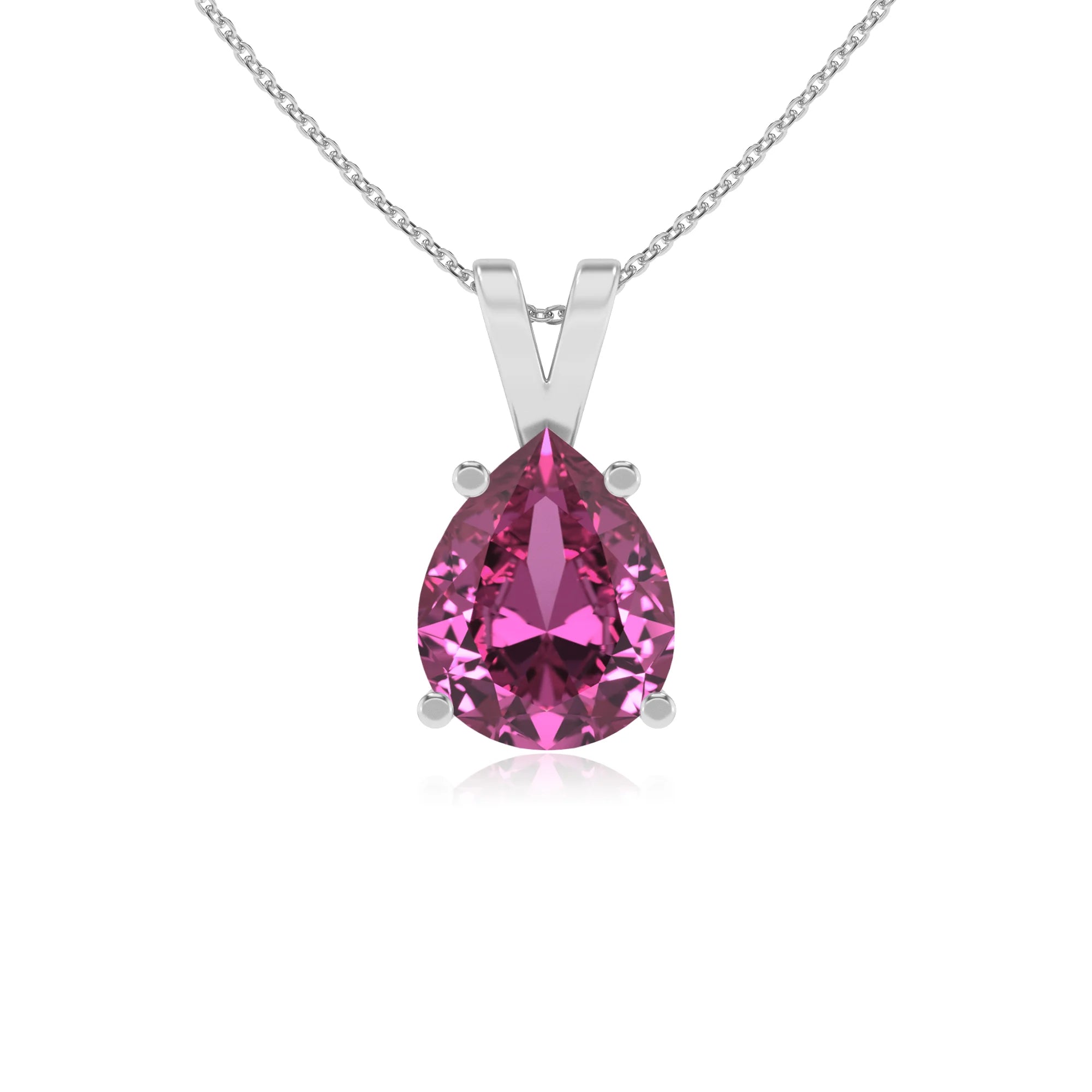 lab grown pink-sapphire pear solitaire v-bale necklaces in platinum 
