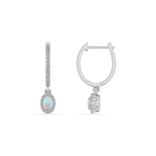 lab grown opal oval drop earrings in white gold 