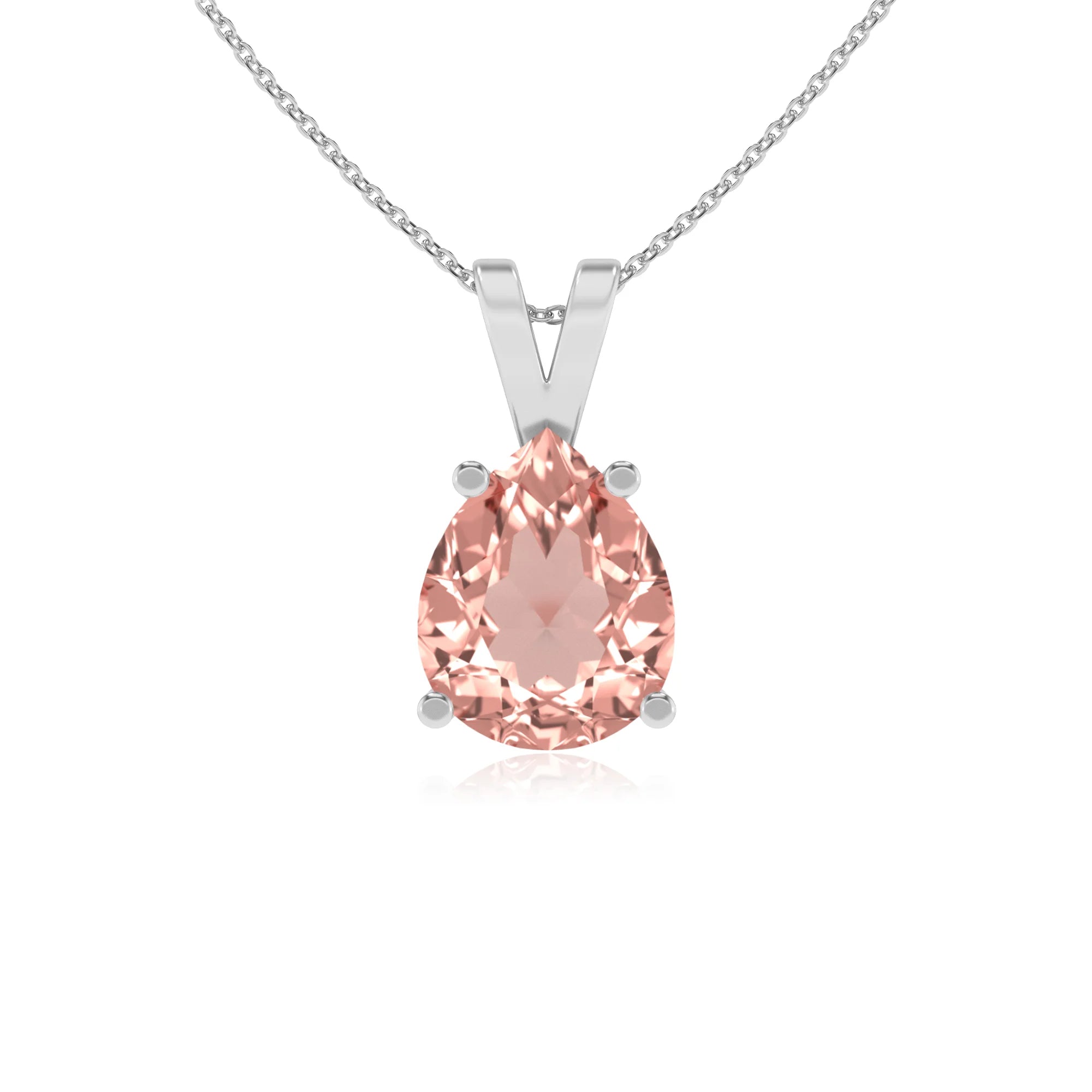 lab grown morganite pear solitaire v-bale necklaces in white gold 
