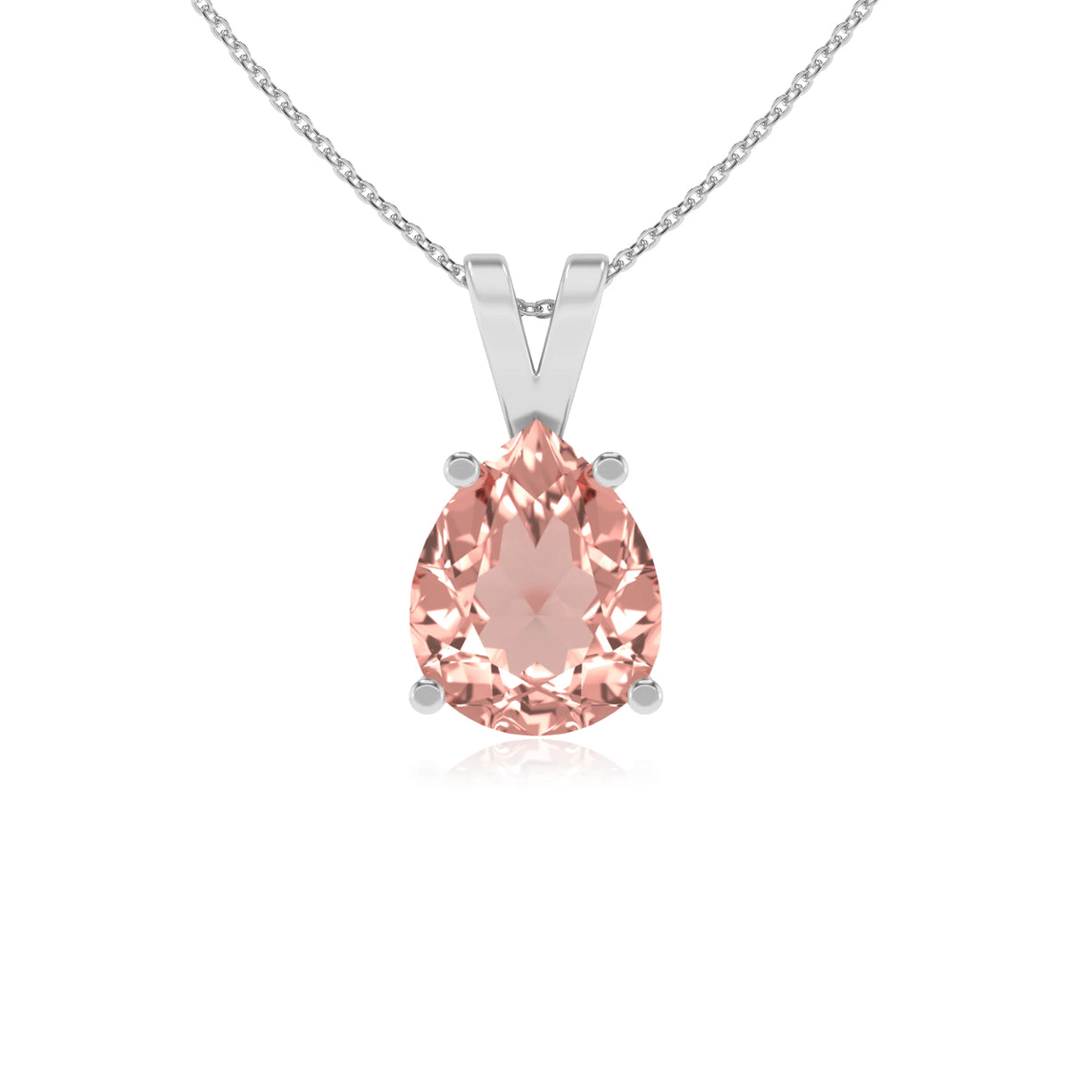 lab grown morganite pear solitaire v-bale necklaces in white gold 