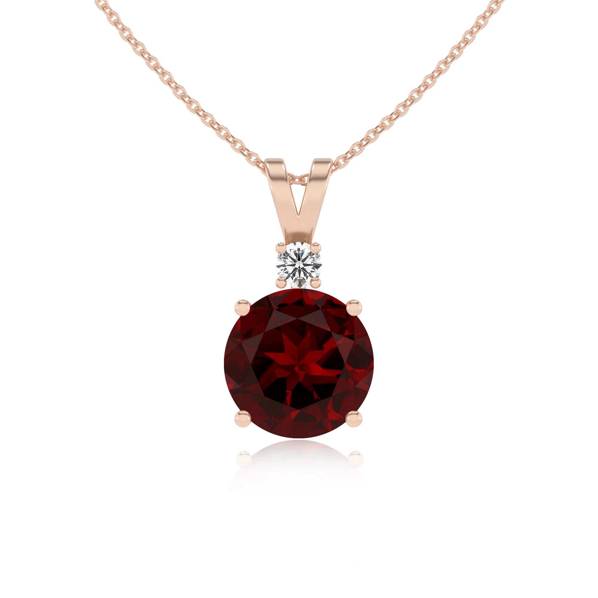 natural garnet round solitaire v-bale necklaces in rose gold 