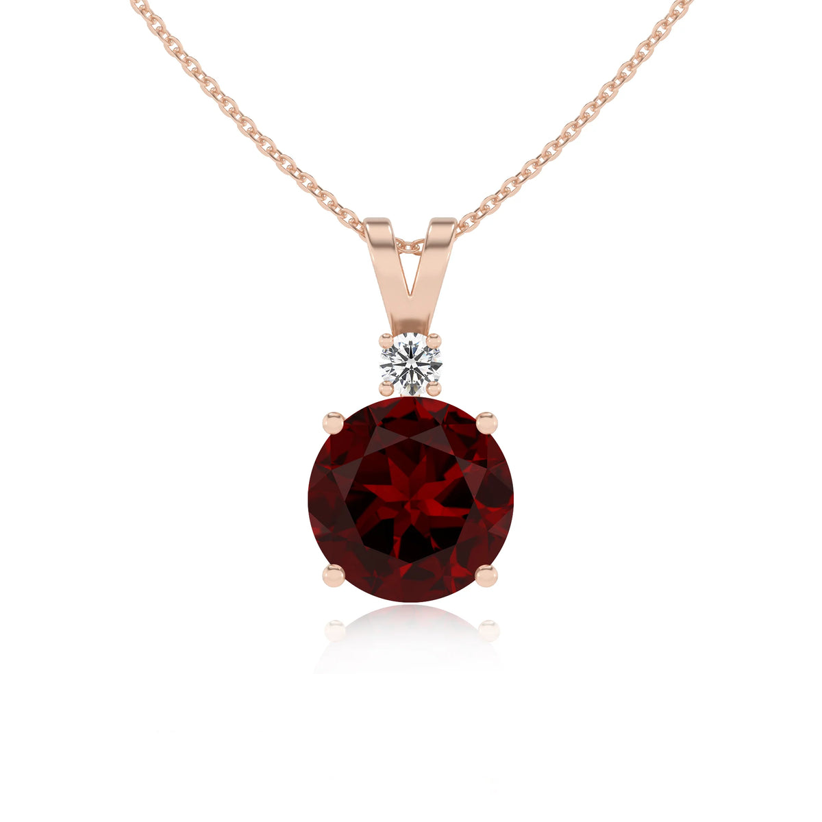 natural garnet round solitaire v-bale necklaces in rose gold 