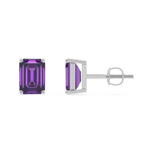 lab grown amethyst emerald cut stud earrings in sterling silver 