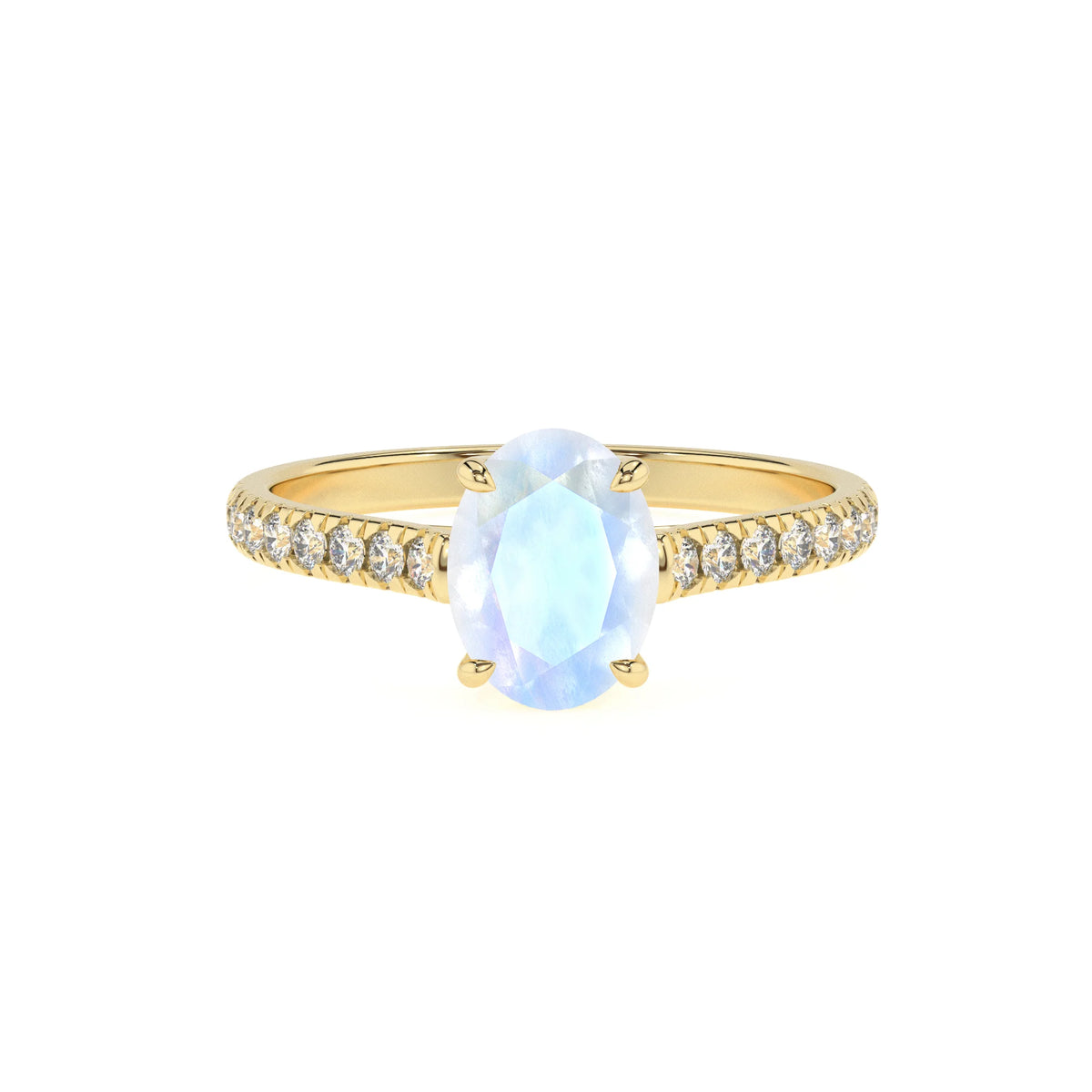 natural rainbow-moonstone oval half eternity solitaire engagement rings in yellow gold 