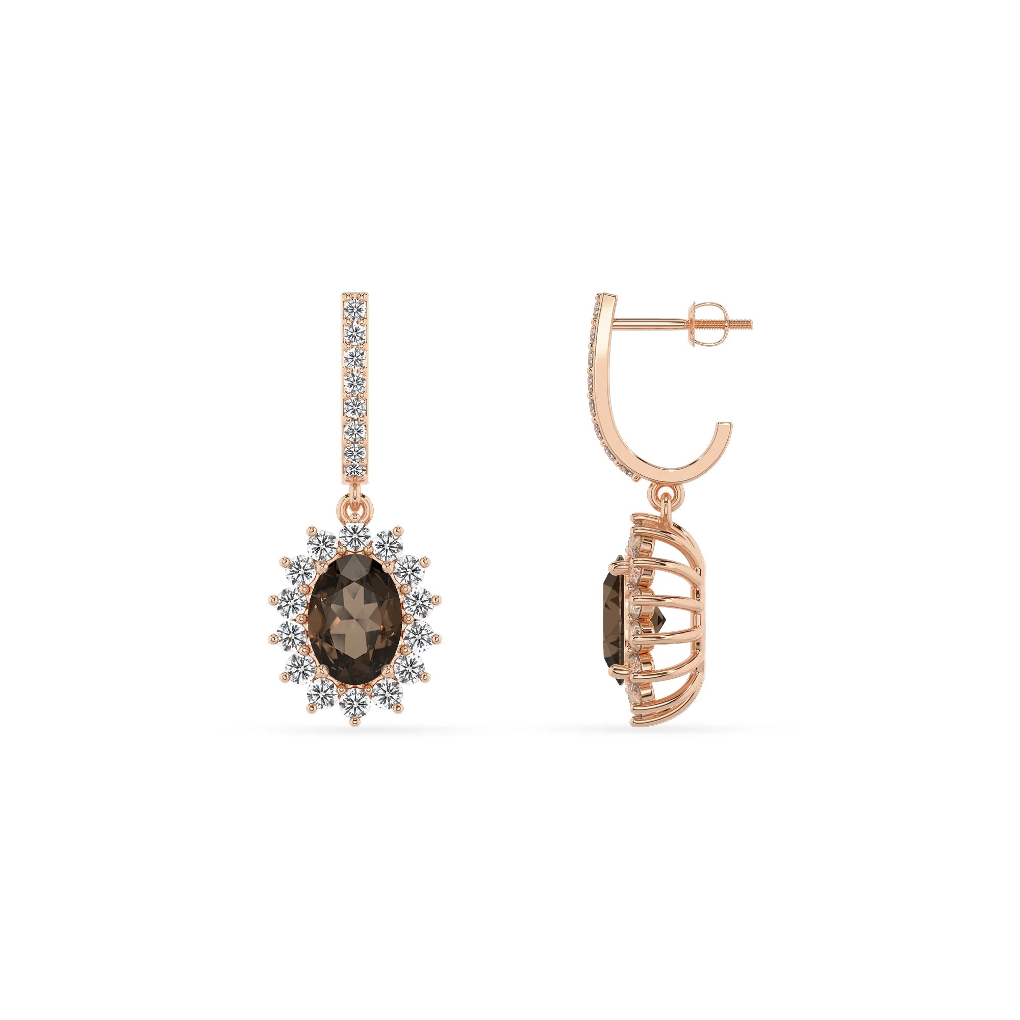 natural smoky quartz oval drop earrings in rose gold 