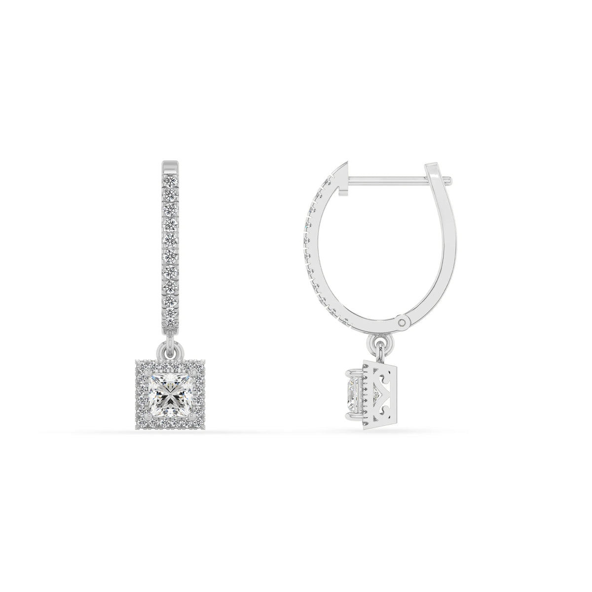 lab grown moissanite princess drop earrings in platinum 
