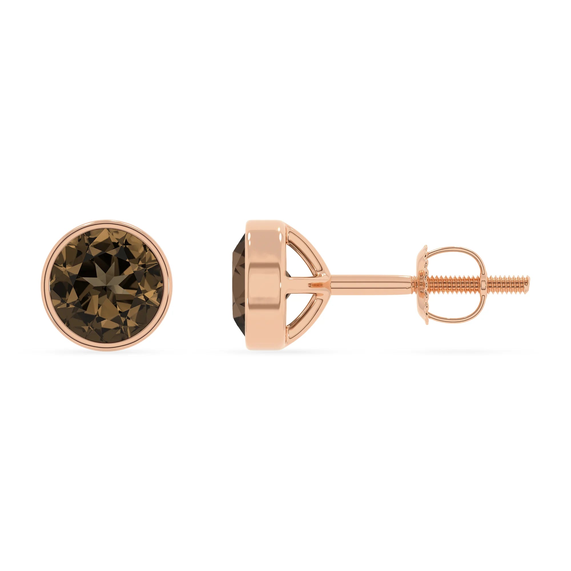 natural smoky quartz round stud earrings in rose gold 