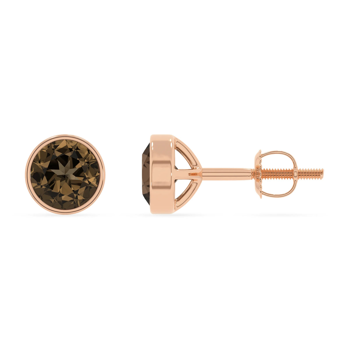natural smoky quartz round stud earrings in rose gold 