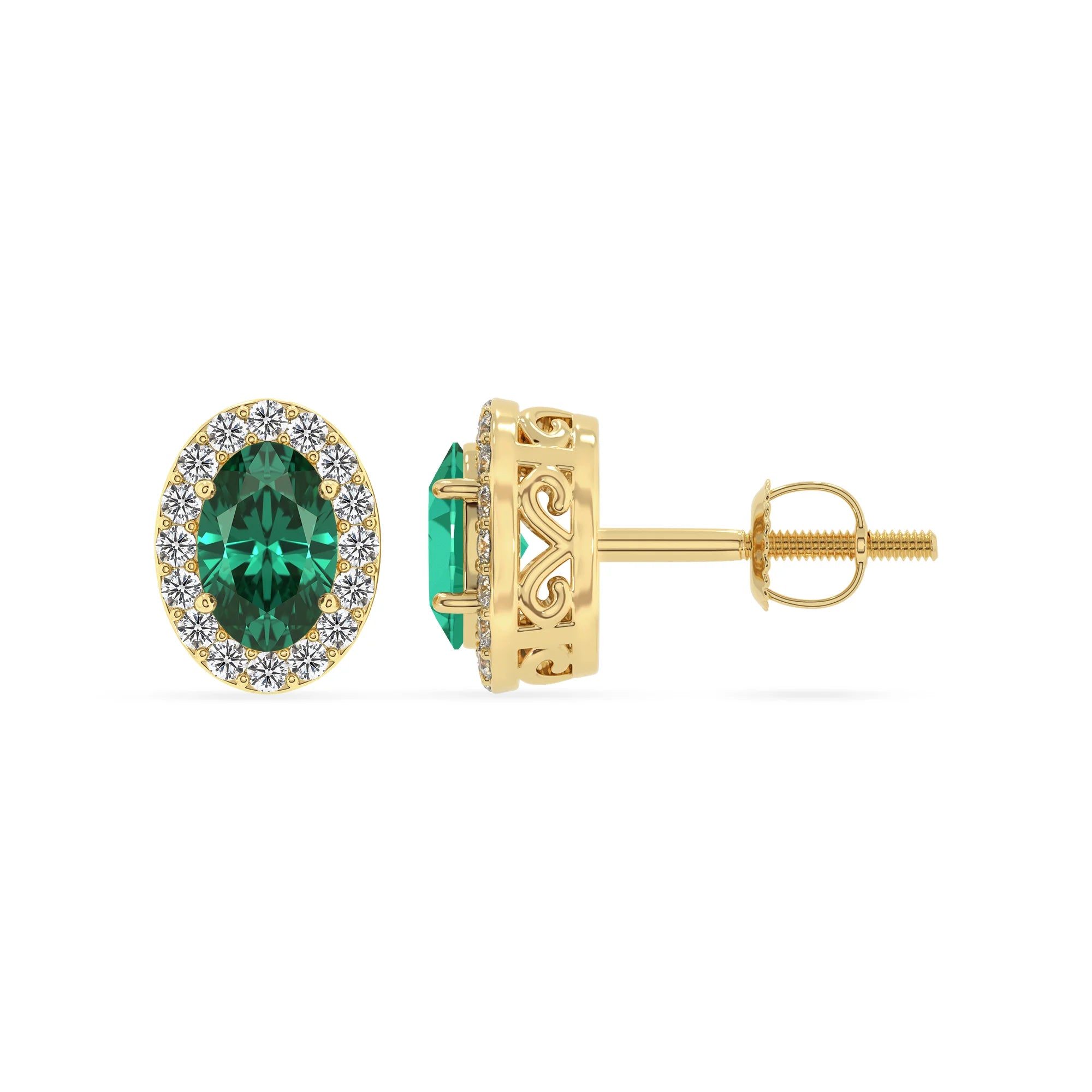 lab grown emerald oval stud earrings in yellow gold 