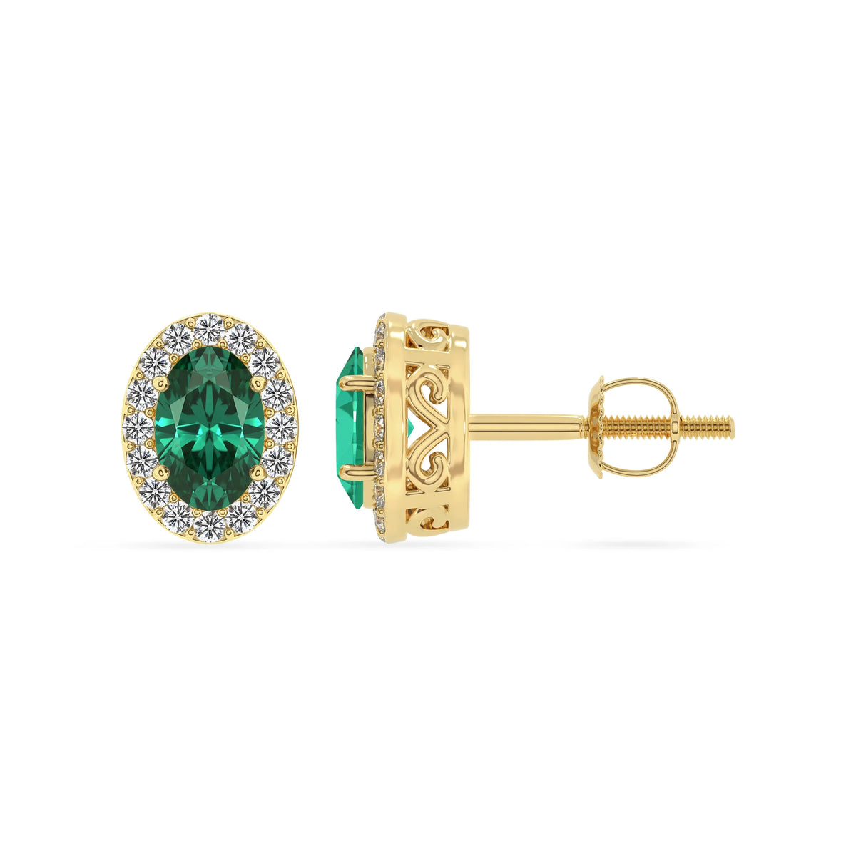 lab grown emerald oval stud earrings in yellow gold 