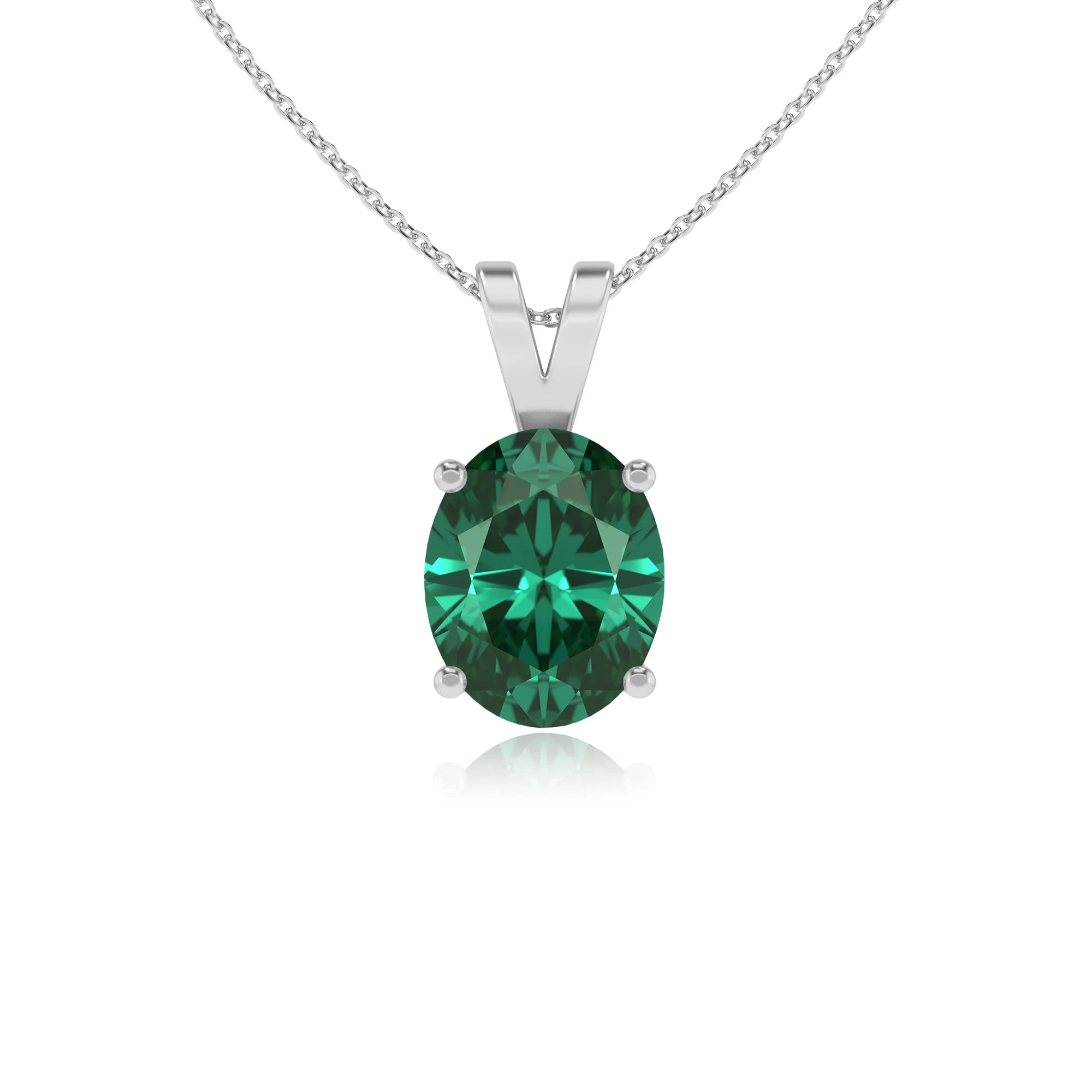 lab grown emerald oval solitaire v-bale necklaces in white gold 