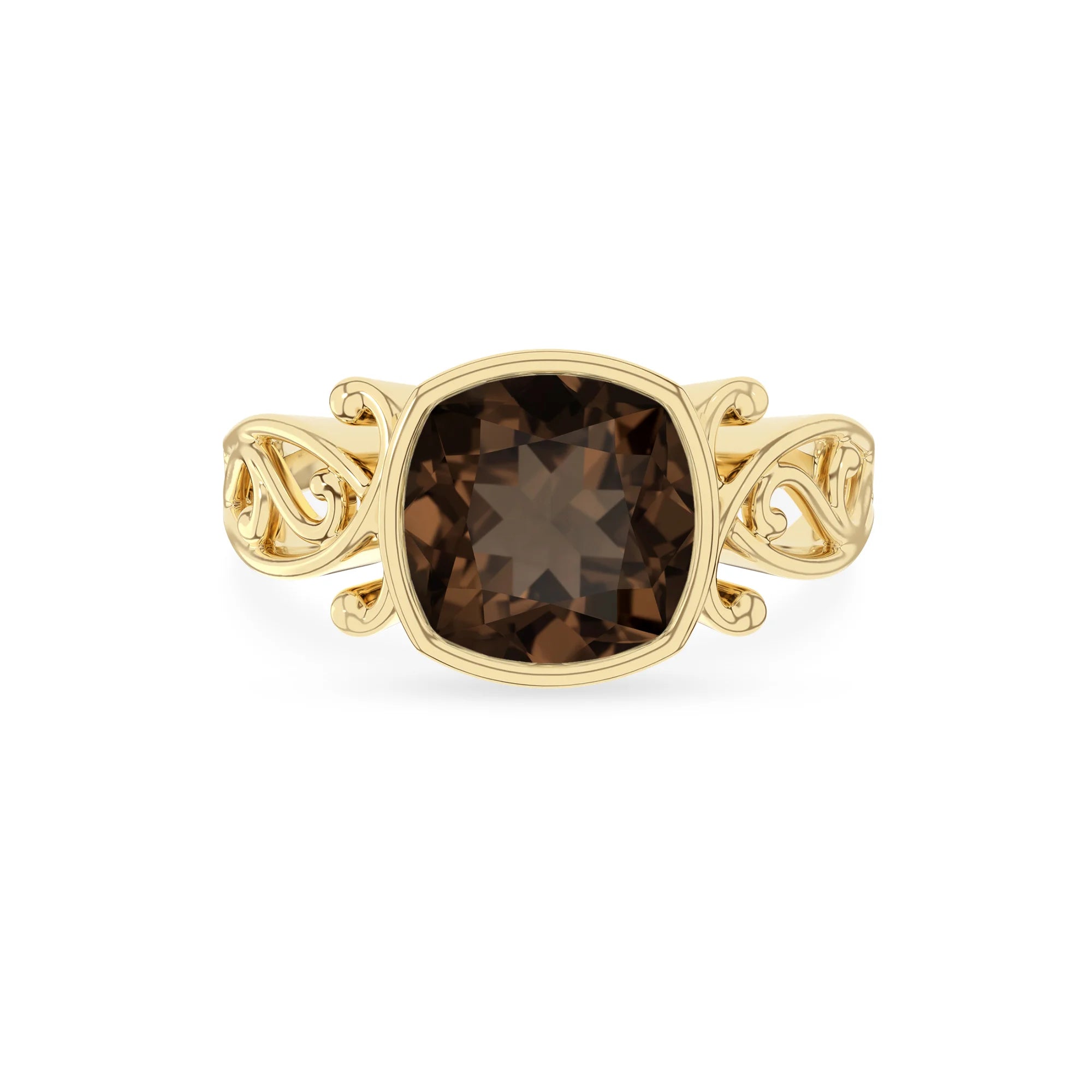 natural smoky-quartz cushion solitaire rings in yellow gold 