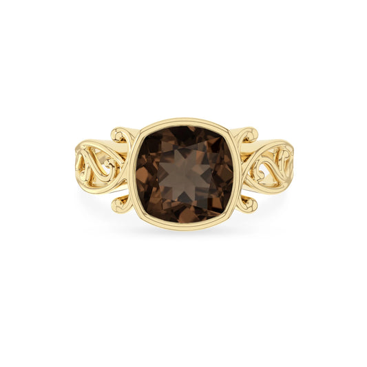 natural smoky-quartz cushion solitaire rings in yellow gold 