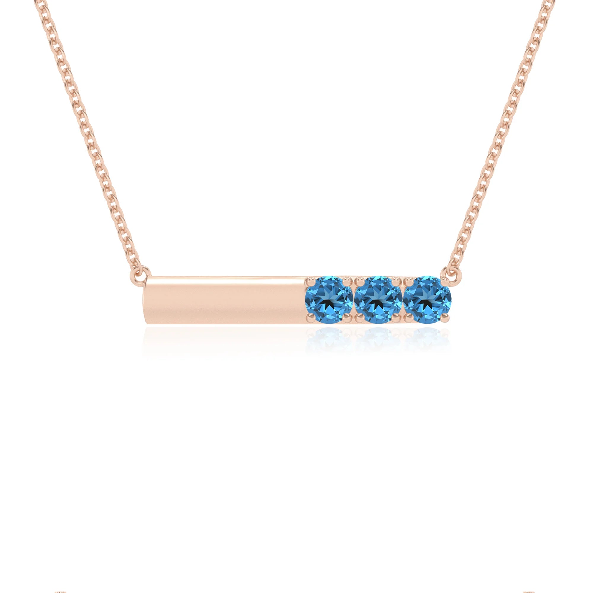 natural swiss-blue-topaz round bar v-bale necklaces in rose gold 