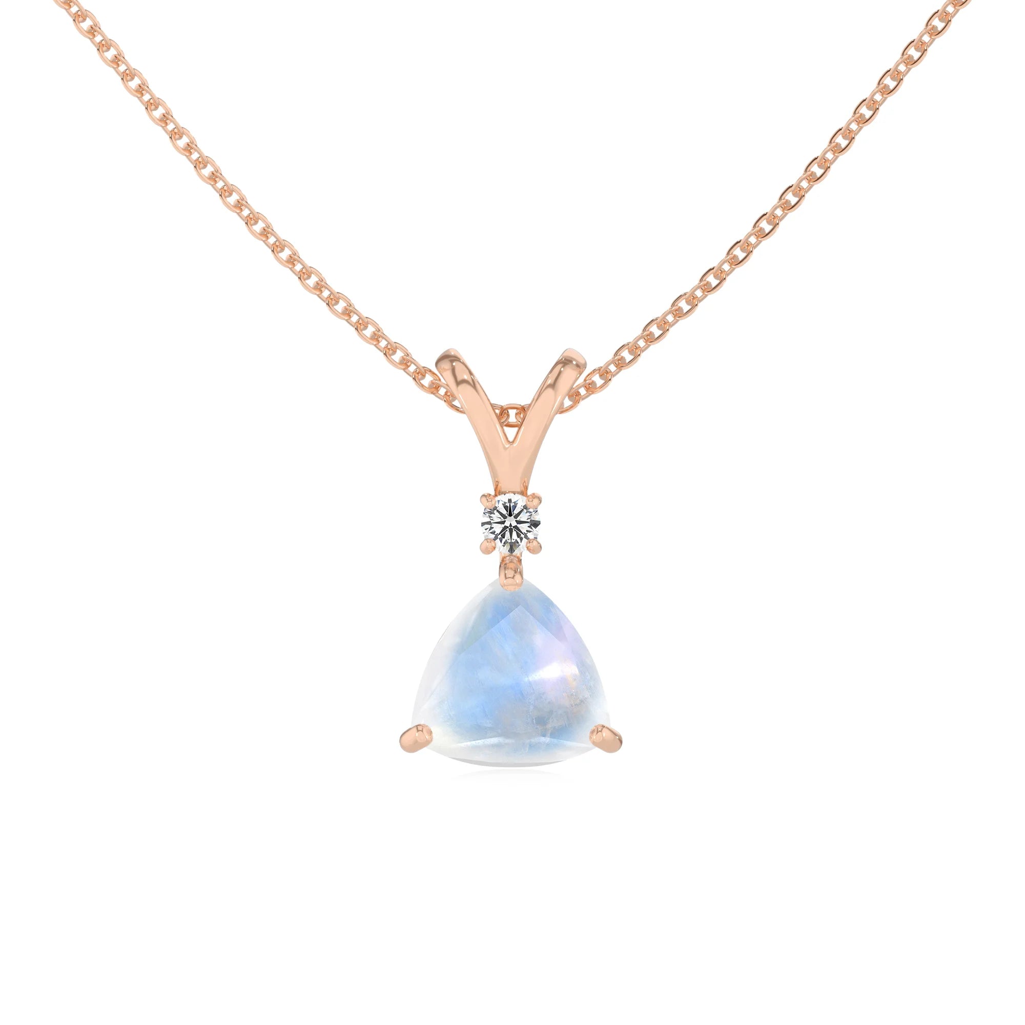 natural rainbow-moonstone trillion solitaire v-bale necklaces in rose gold 