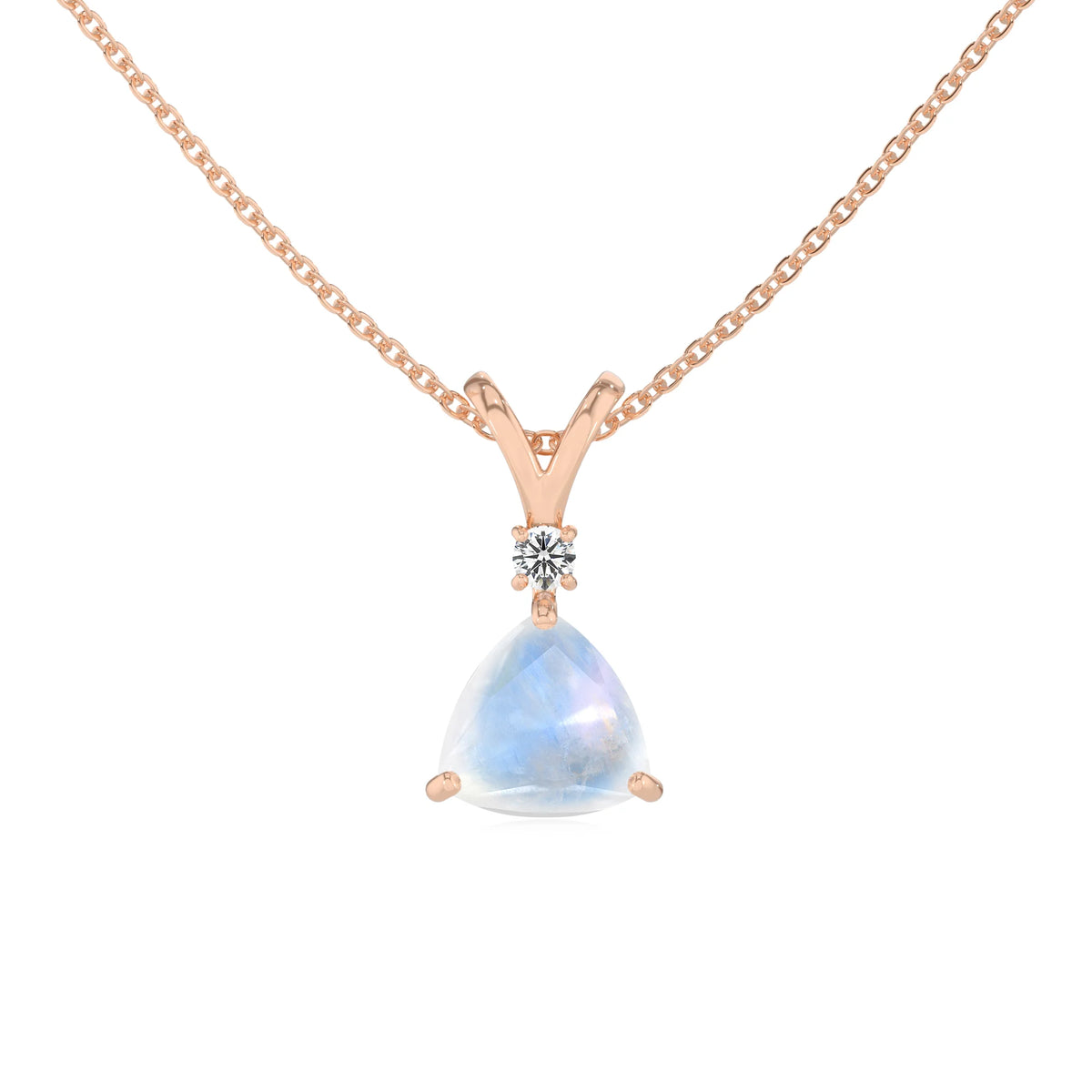 natural rainbow-moonstone trillion solitaire v-bale necklaces in rose gold 