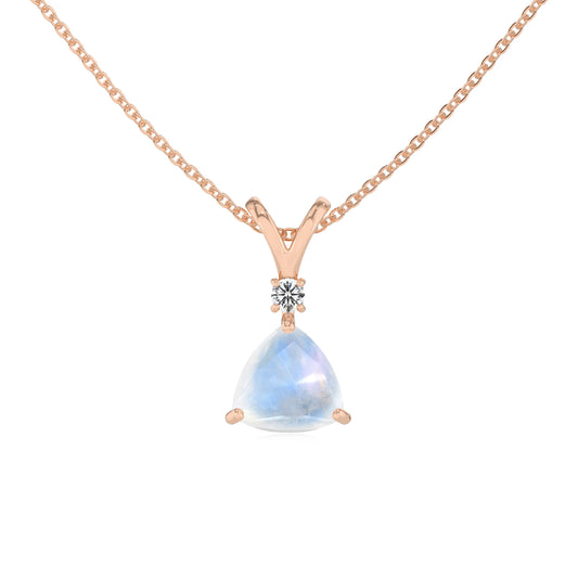 natural rainbow-moonstone trillion solitaire v-bale necklaces in rose gold 