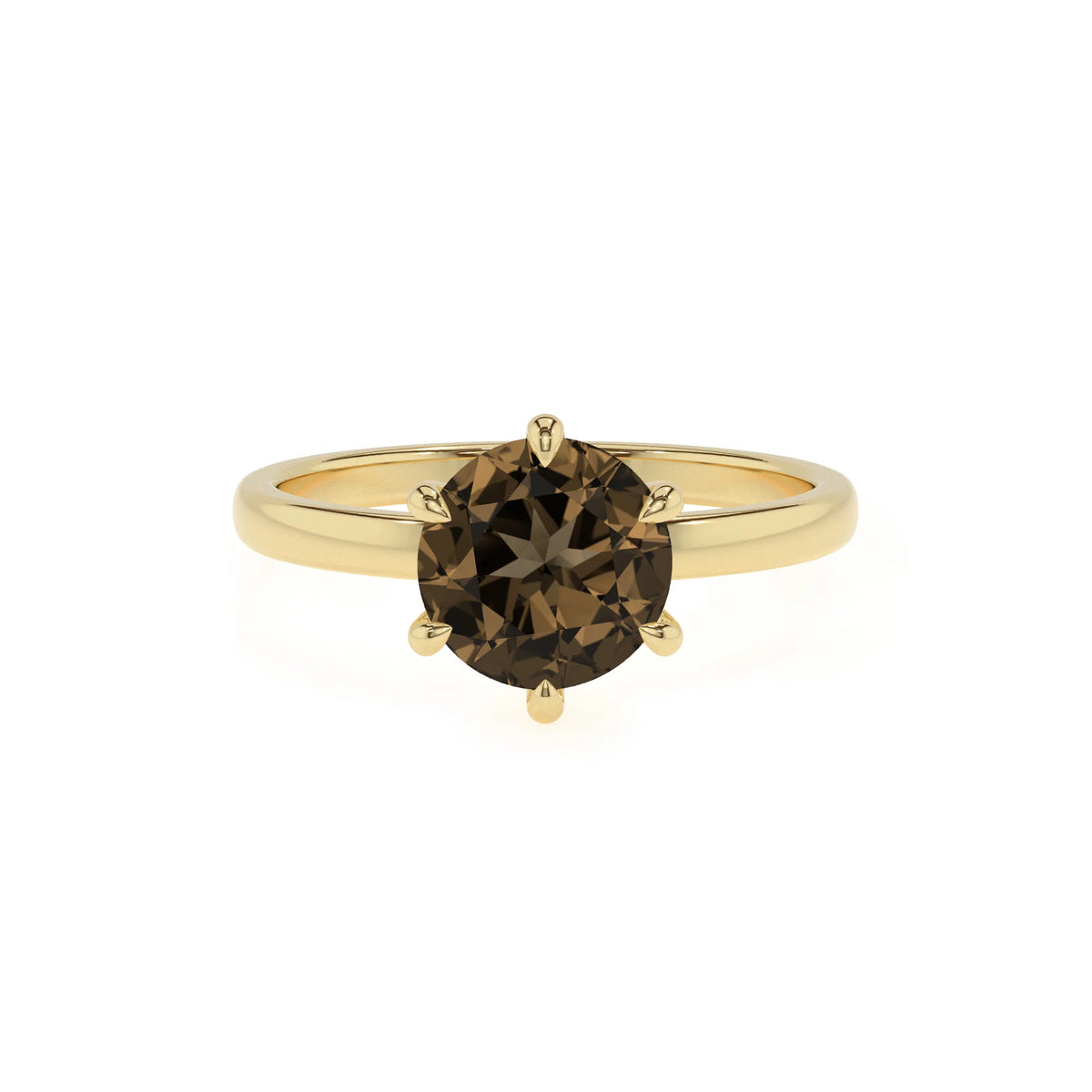 natural smoky-quartz round solitaire rings in yellow gold 