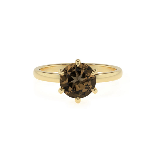 natural smoky-quartz round solitaire rings in yellow gold 