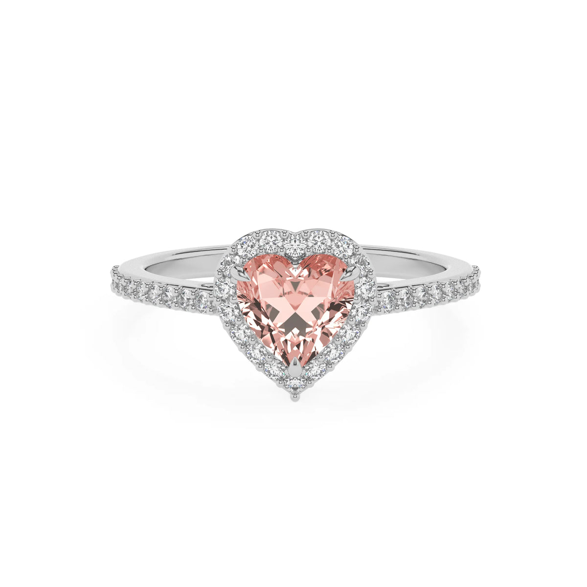 lab grown morganite heart solitaire rings in platinum 