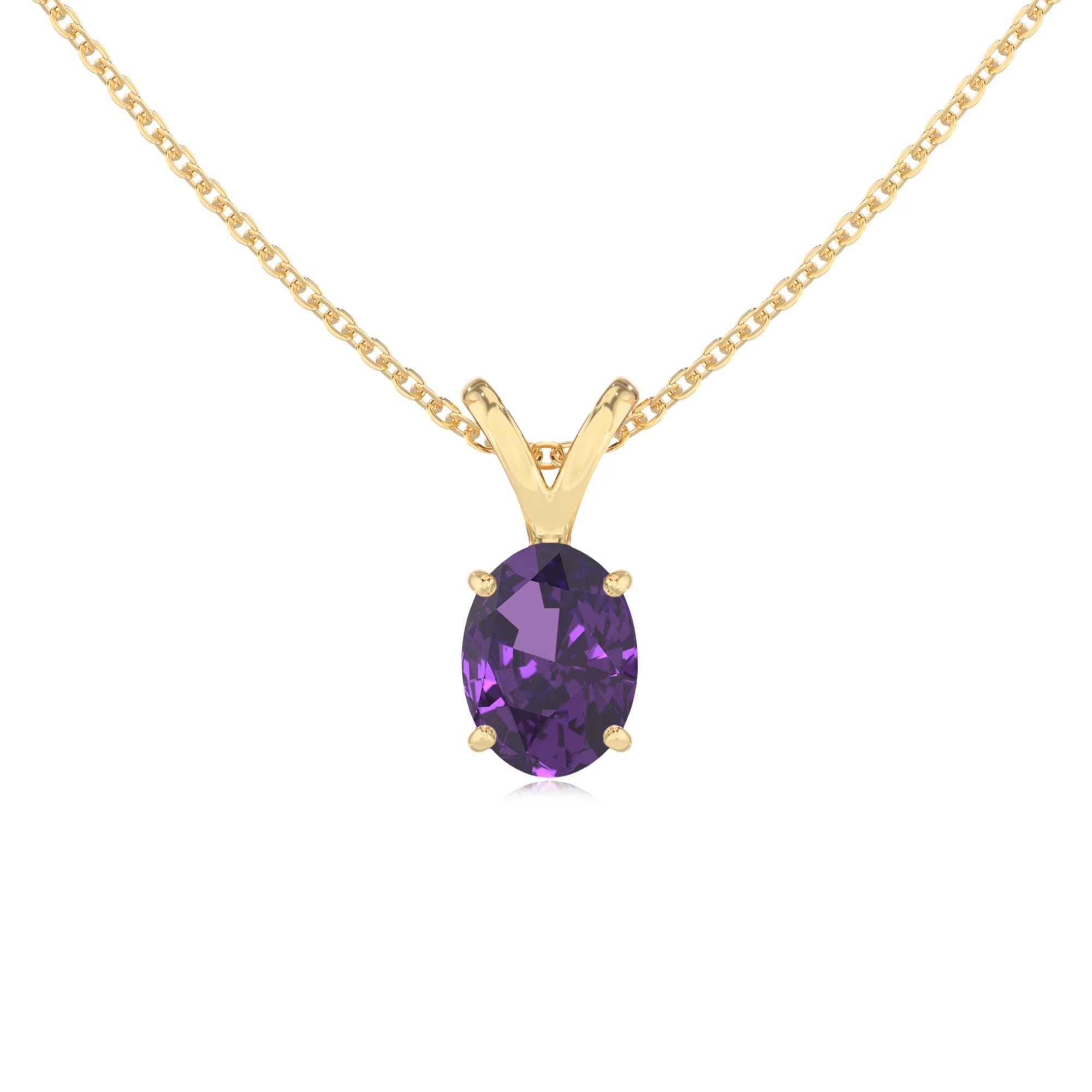 lab grown amethyst oval solitaire v-bale necklaces in yellow gold 