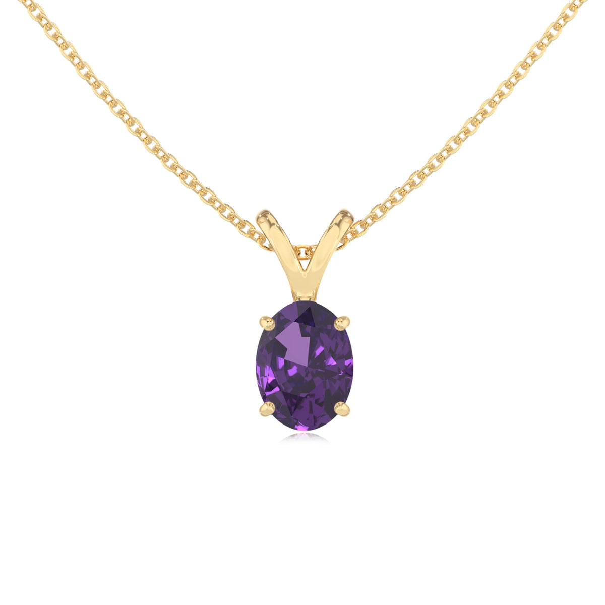 lab grown amethyst oval solitaire v-bale necklaces in yellow gold 