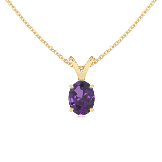 lab grown amethyst oval solitaire v-bale necklaces in yellow gold 
