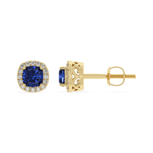 lab grown blue sapphire cushion stud earrings in yellow gold 
