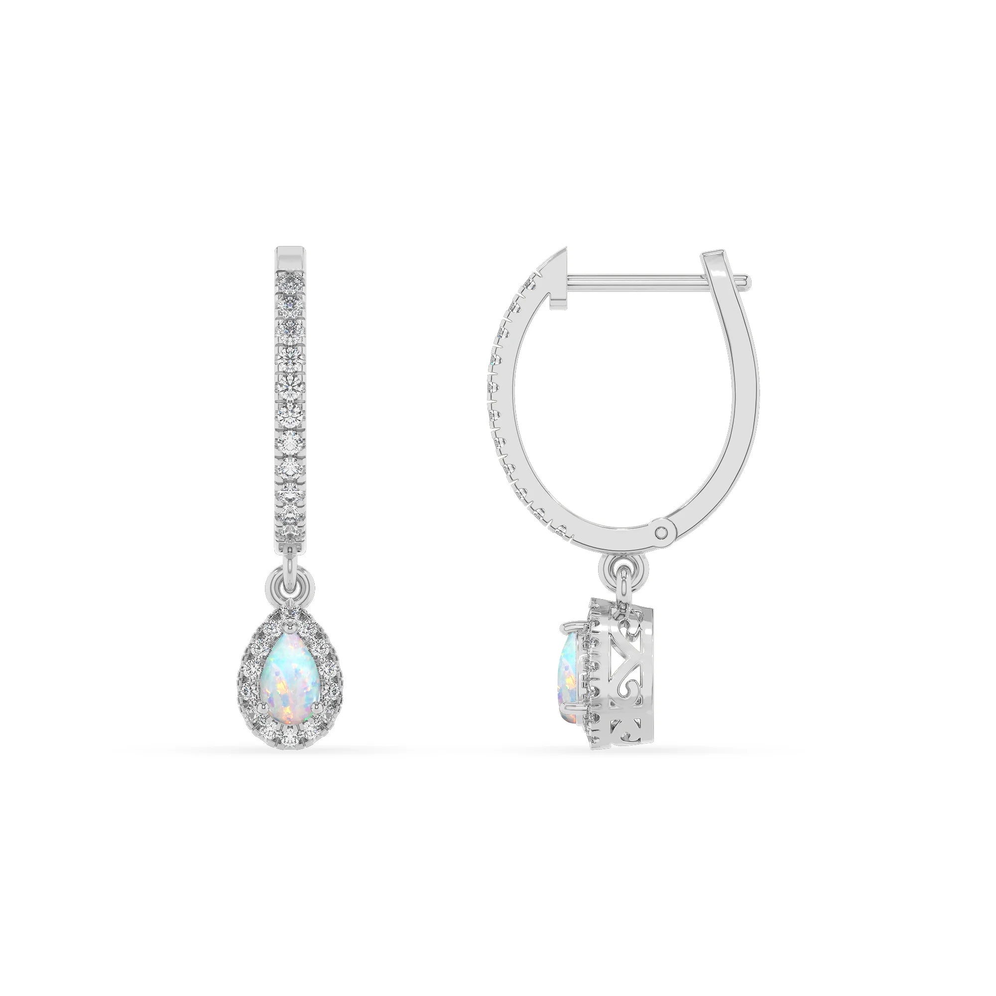 lab grown opal pear drop earrings in white gold 