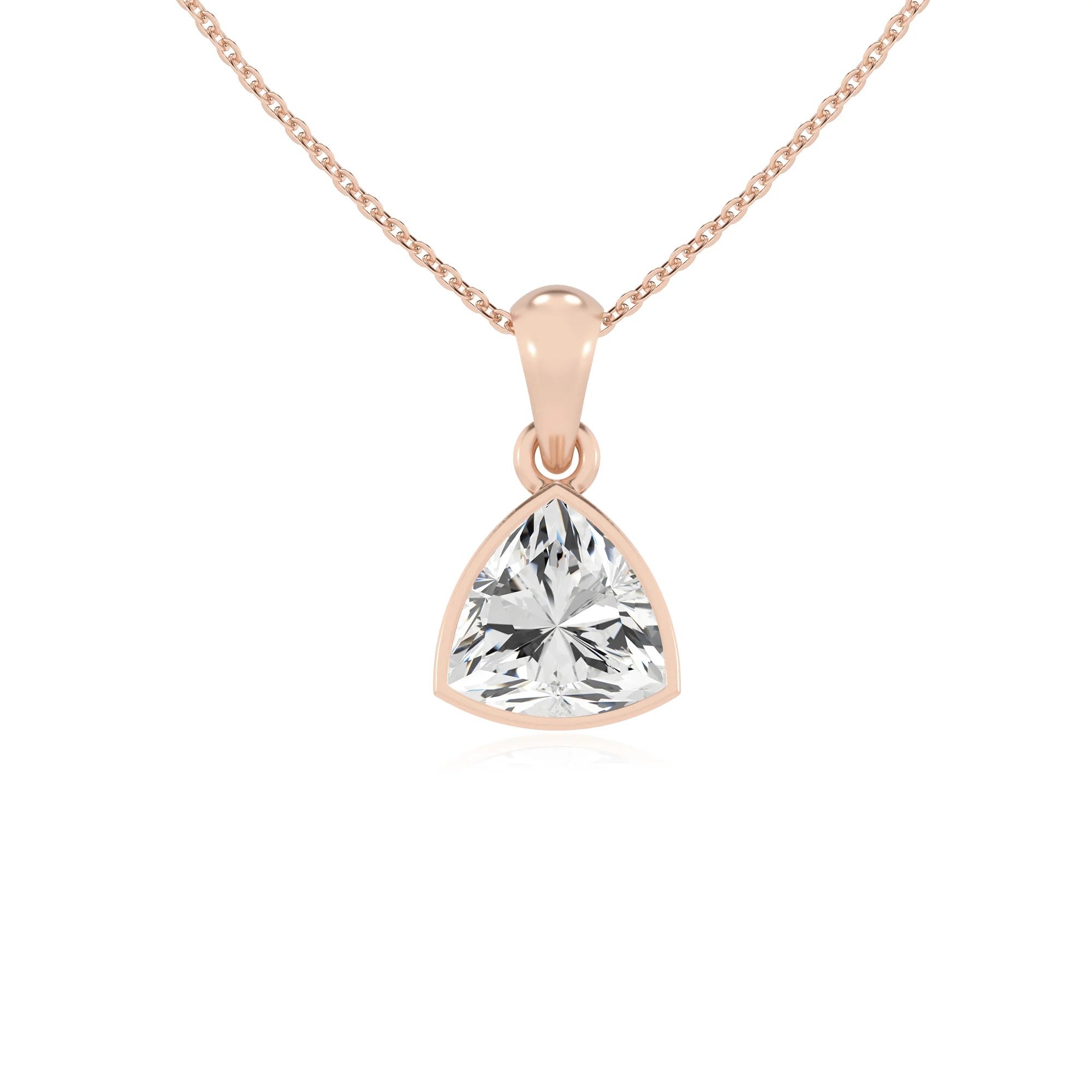 lab grown moissanite trillion solitaire necklaces in rose gold 