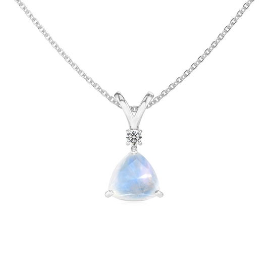 natural rainbow-moonstone trillion solitaire v-bale necklaces in white gold 