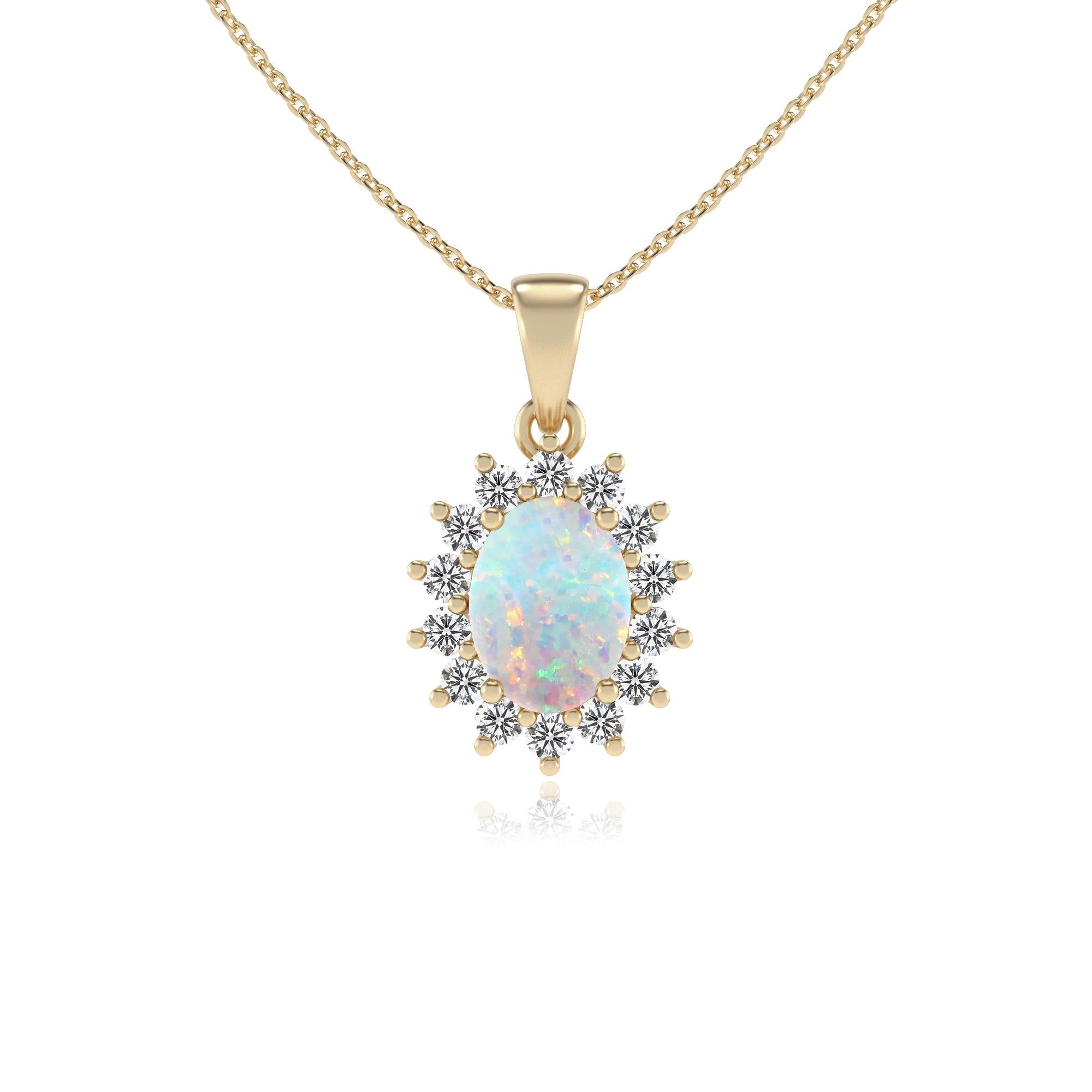 lab grown opal oval halo necklaces in yellow gold 