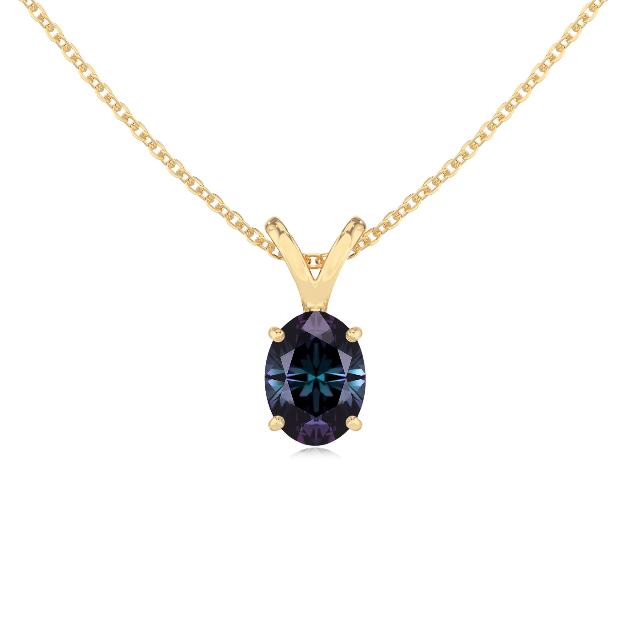 lab grown alexandrite oval solitaire v-bale necklaces in yellow gold 