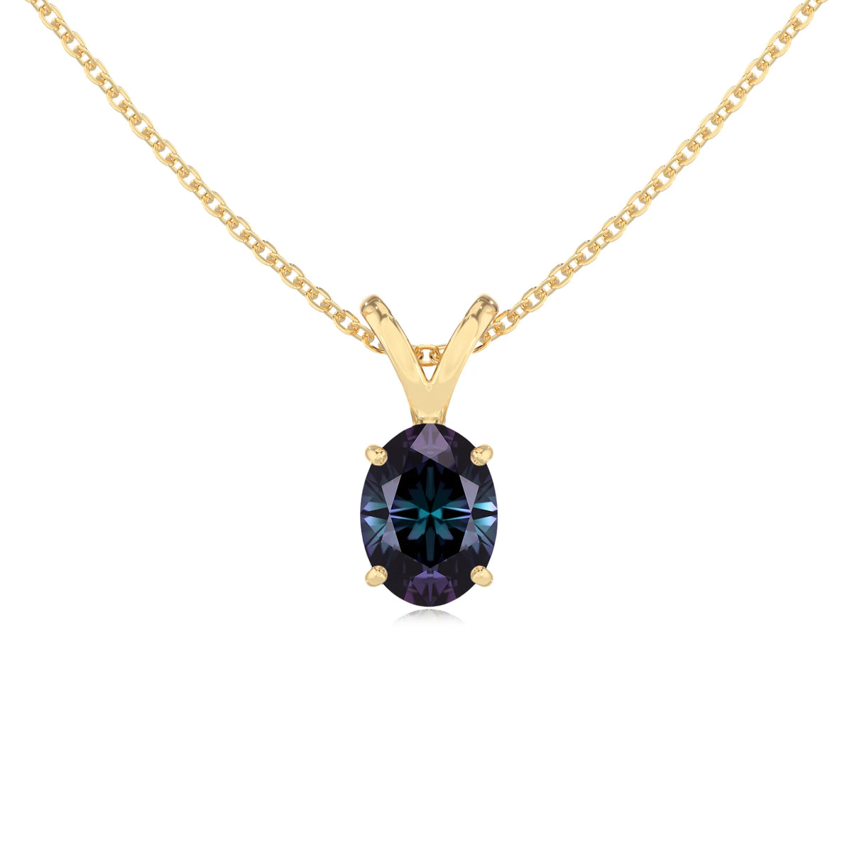lab grown alexandrite oval solitaire v-bale necklaces in yellow gold 