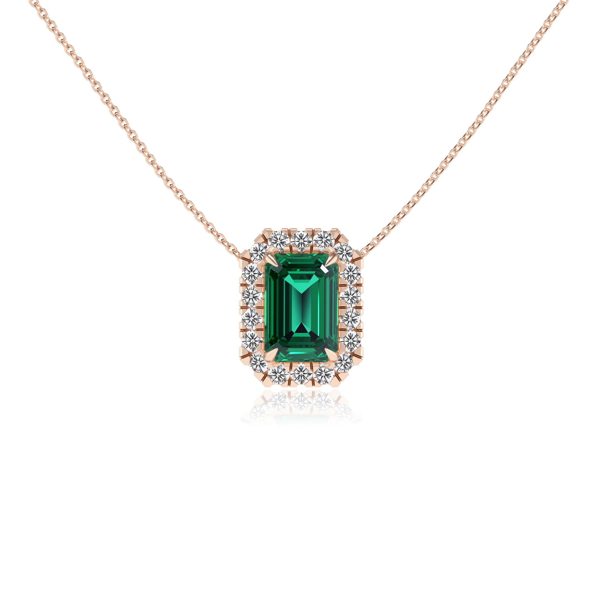 lab grown emerald octogon cut solitaire necklaces in rose gold 