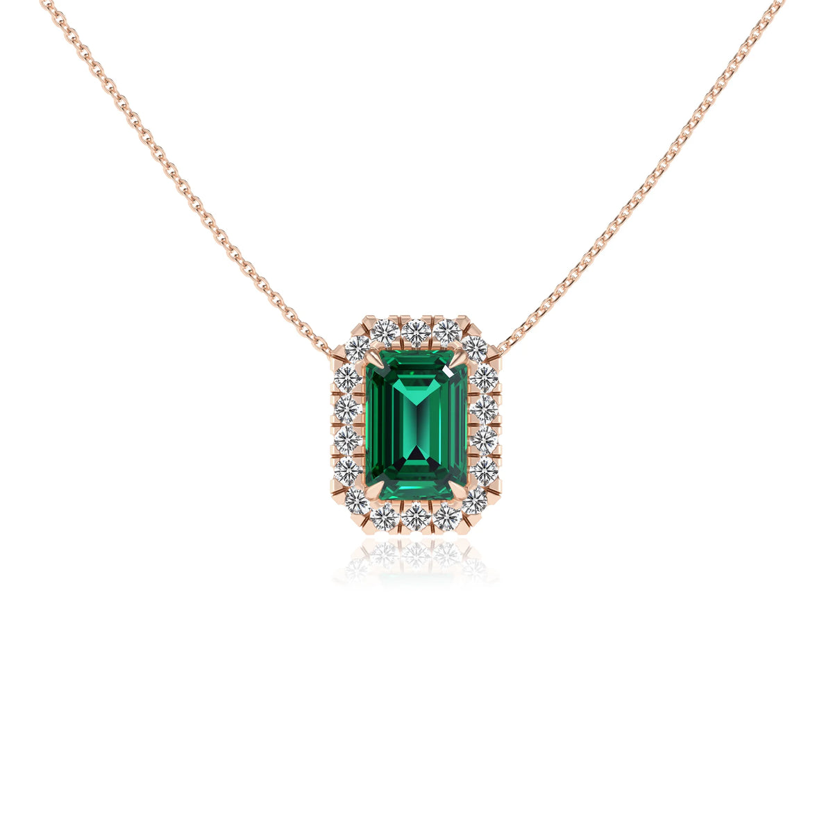 lab grown emerald octogon cut solitaire necklaces in rose gold 