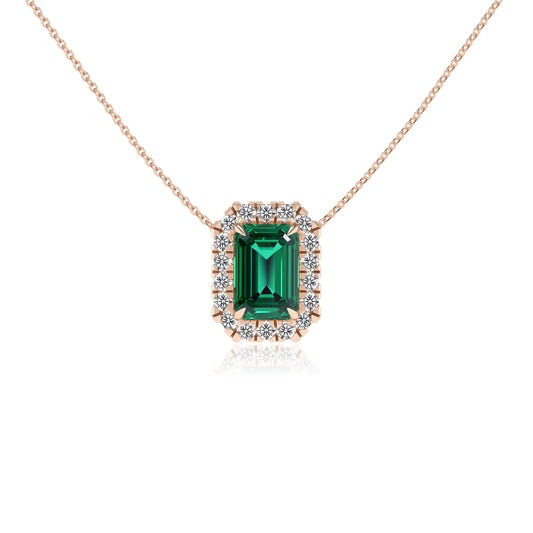 lab grown emerald octogon cut solitaire necklaces in rose gold 
