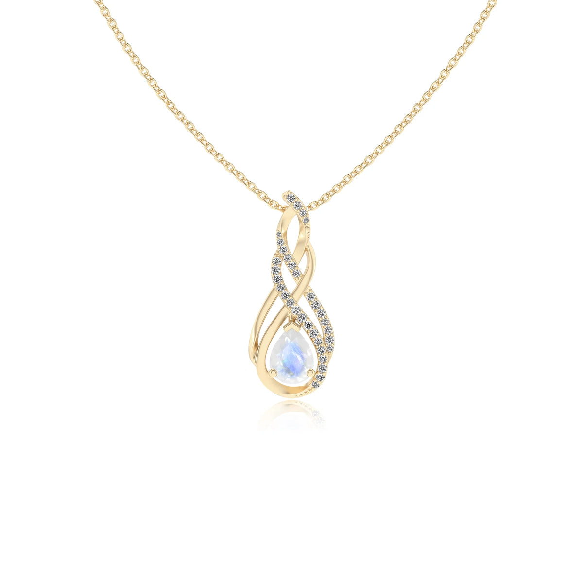 natural rainbow-moonstone pear solitaire necklaces in yellow gold 