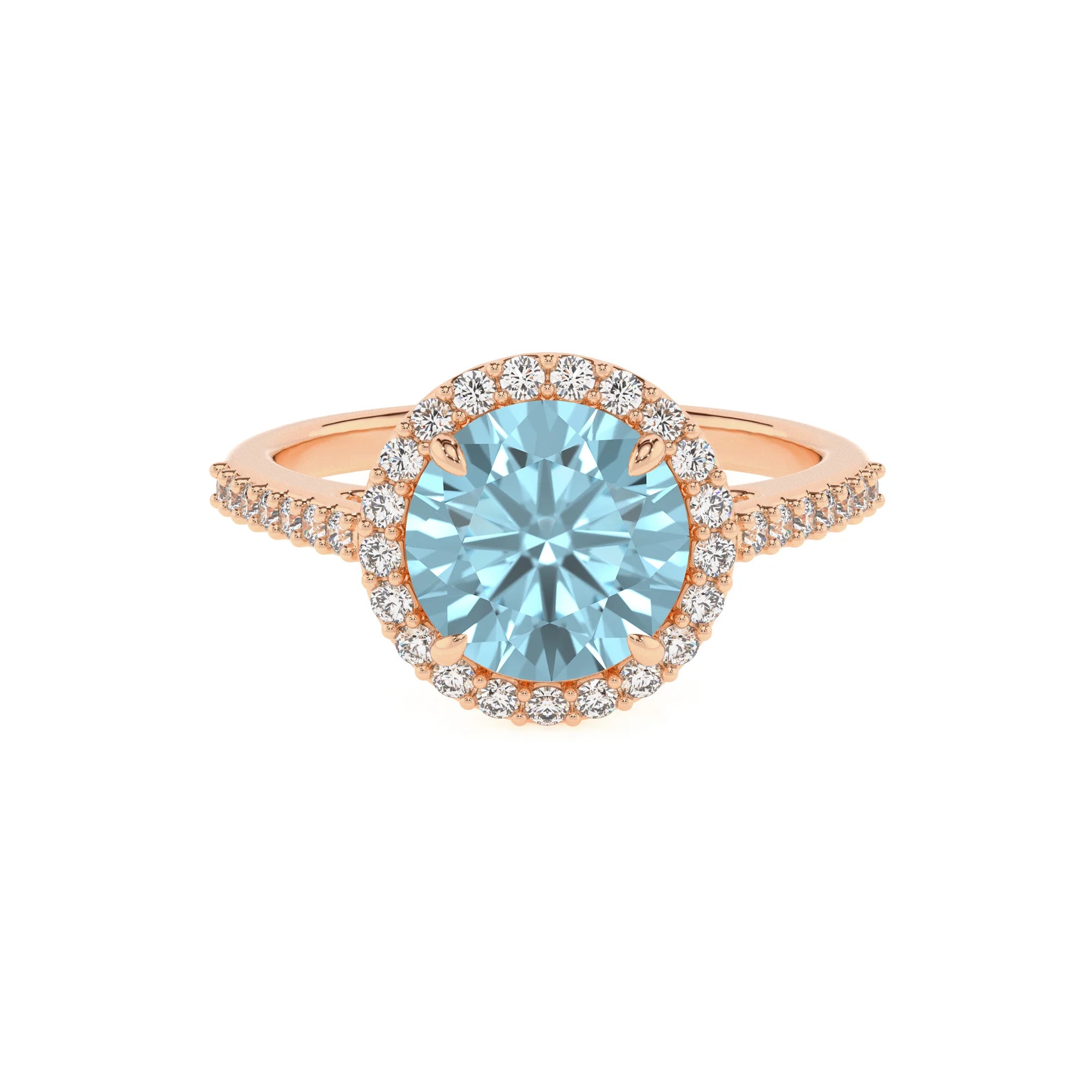 lab grown aquamarine round solitaire rings in rose gold 